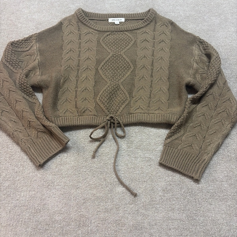 Vigold Cable Knit Cropped Sweater Tie Front Brown Long Sleeve Boho 0755